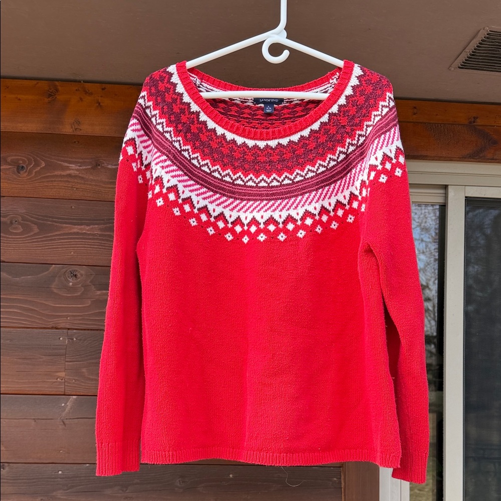 Lands' End Red Fair Isle Scoopneck Sweater with White and Pink Accents